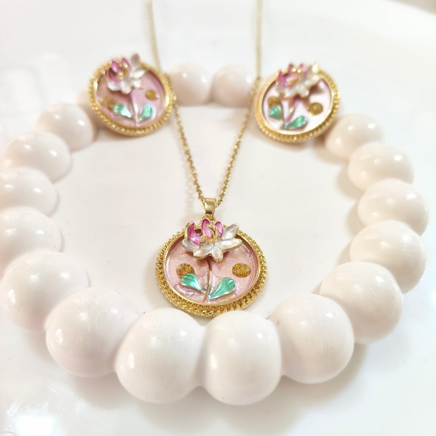 Pink Enamel Pendant Set