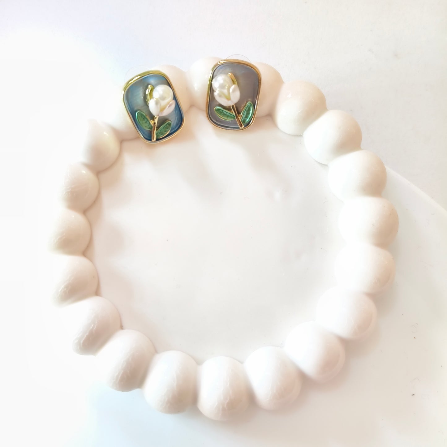 Green Pearl Enamel Earring