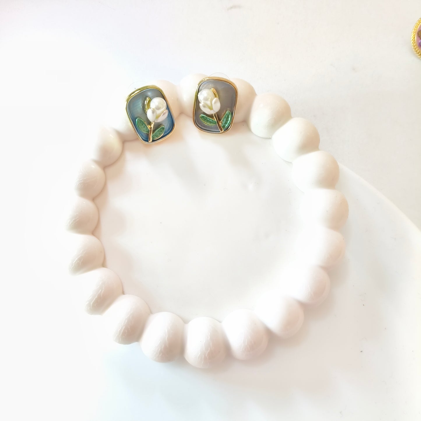 Green Pearl Enamel Earring