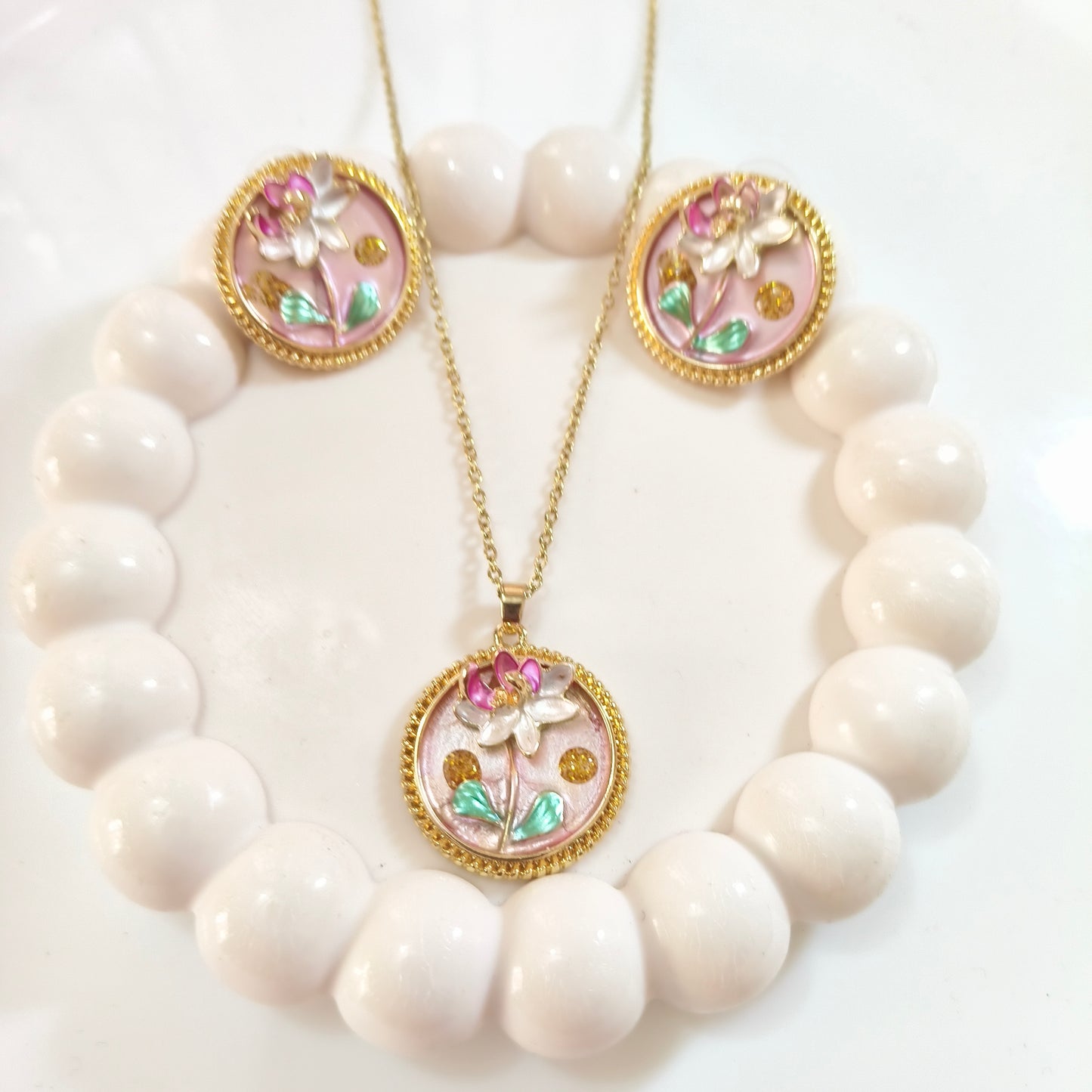 Pink Enamel Pendant Set