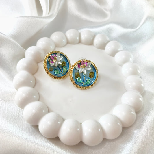 Green Flower Enamel Earrings