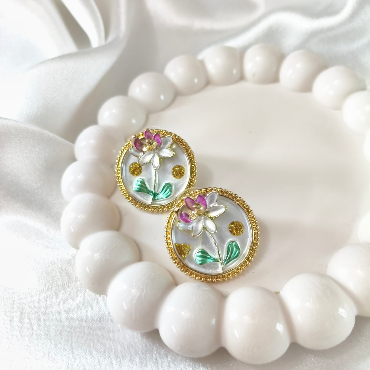 White Flower Enamel Earrings