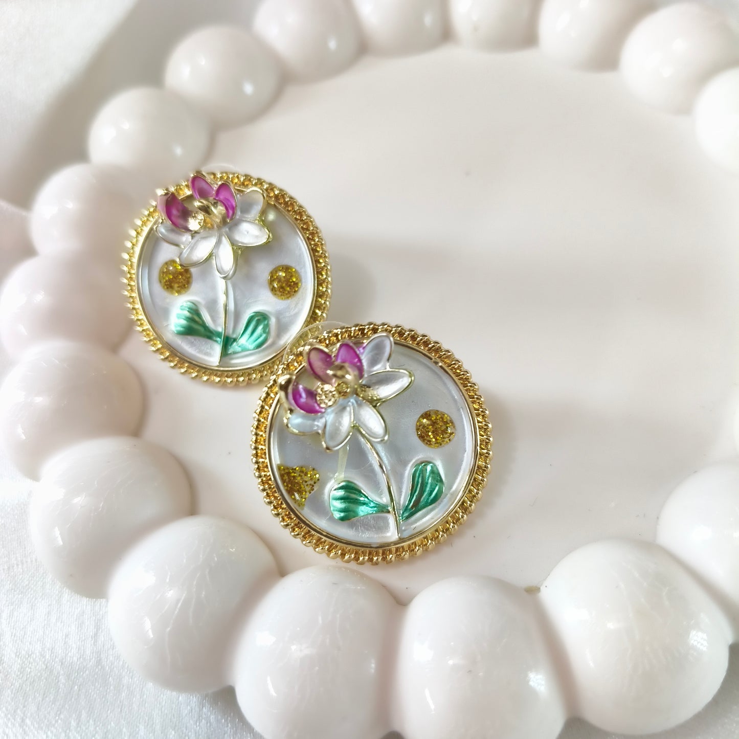 White Flower Enamel Earrings