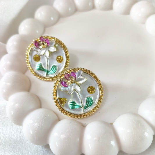 White Flower Enamel Earrings
