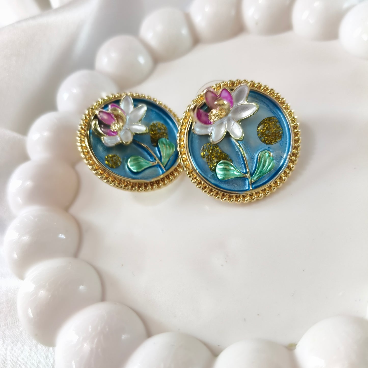 Green Flower Enamel Earrings